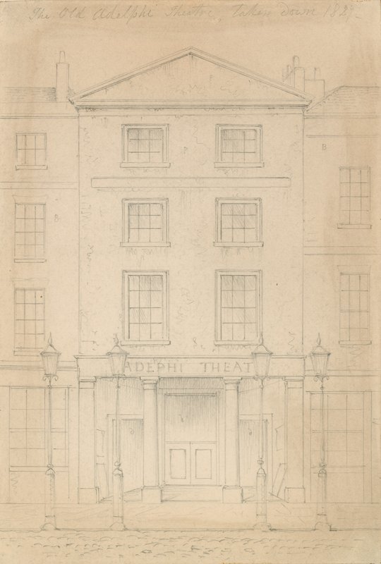 Desenho a lápis original do Teatro Adelphi, Londres, por Thomas H Shepherd de Thomas Hosmer Shepherd