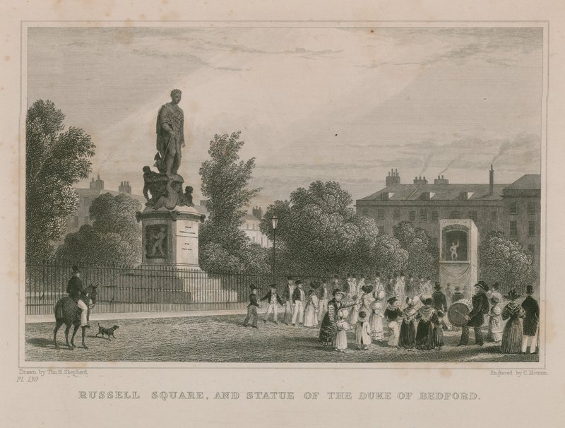 Russell Square e a estátua do duque de Bedford de Thomas Hosmer Shepherd