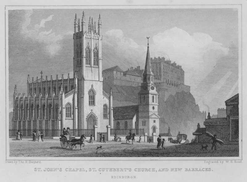 Capela de São João, Igreja de São Cuthbert e Nova Caserna, Edimburgo (gravura) de Thomas Hosmer Shepherd
