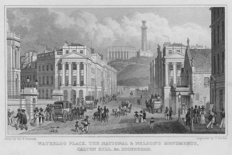 Waterloo Place, os Monumentos Nacionais e de Nelson, Calton Hill, etc, Edimburgo (gravura) de Thomas Hosmer Shepherd