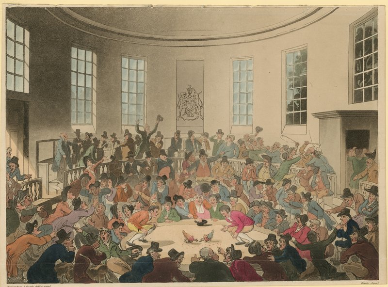 Ilustração retratando uma multidão assistindo a uma briga de galo de Thomas Rowlandson