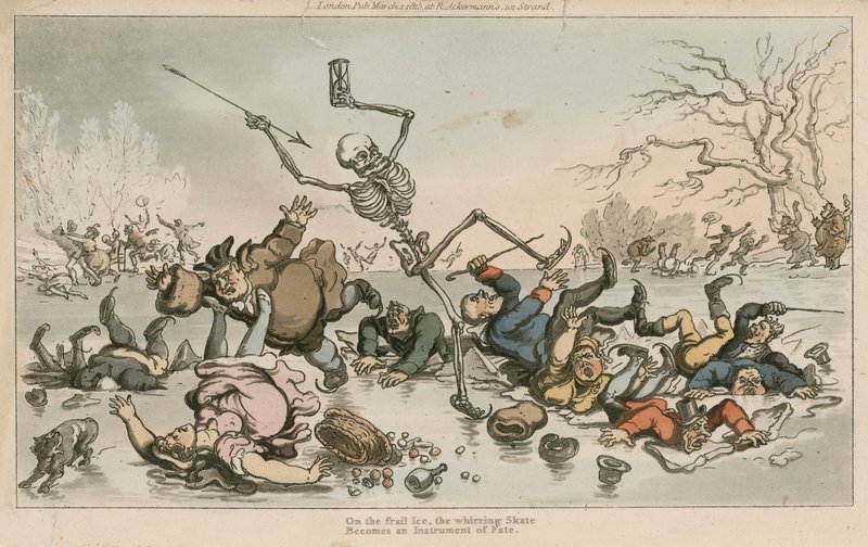 No gelo frágil, o skate zumbindo, torna-se um instrumento do destino de Thomas Rowlandson