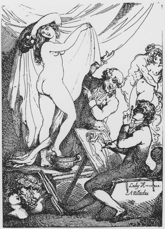 A futura Lady Hamilton posando como Hygeia, deusa da saúde, no Templo de Esculápio do Dr. James Graham de Thomas Rowlandson