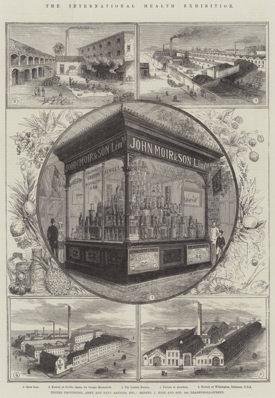 A Exposição Internacional de Saúde, Provisões Estanhadas, Rações do Exército e da Marinha, etc, Messers J Moir e Filho, 148, Leadenhall-Street de Thomas Sulman