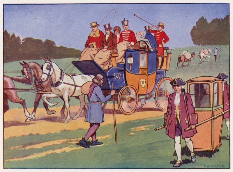 Coach-and-four, cadeira de sedan e cavalos de carga (lito colorido) de Thomas William Holmes