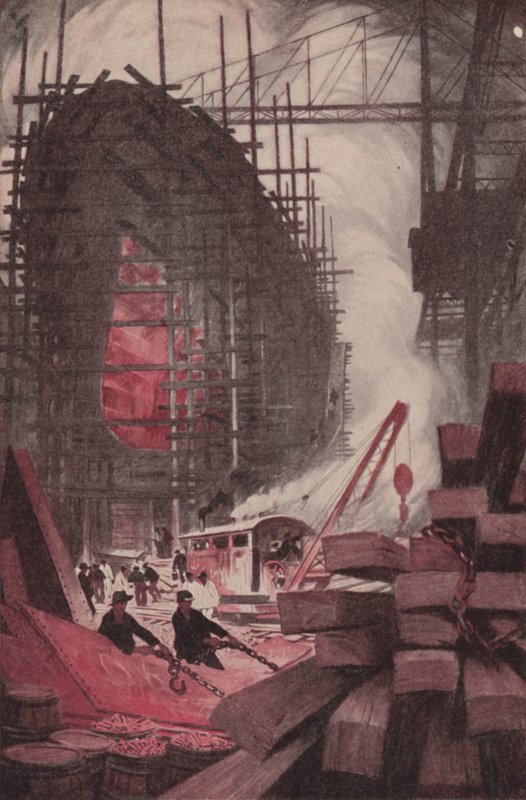 Construção de um navio de guerra (litografia a cores) de Thornton Oakley