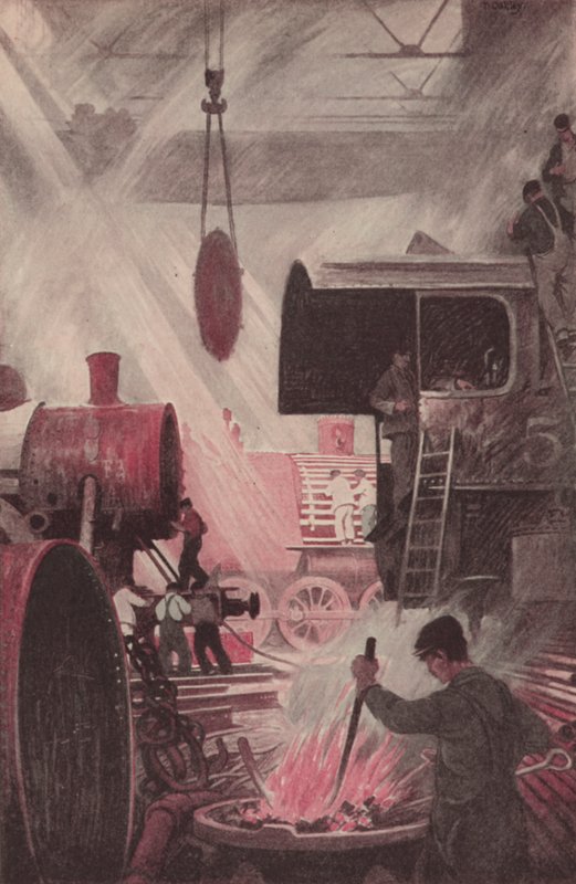 Construção de uma locomotiva (litografia a cores) de Thornton Oakley