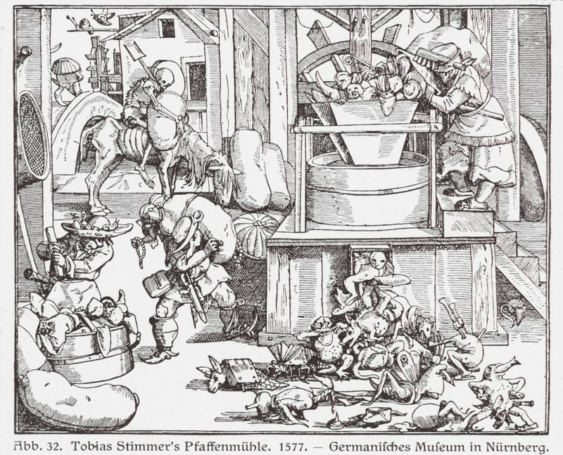 Padres católicos a serem moídos num moinho (xilogravura) de Tobias Stimmer