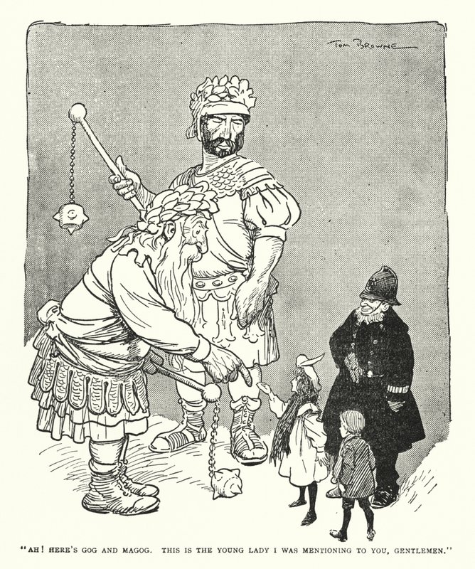 "Ah! Aqui estão Gog e Magog, esta é a jovem que eu estava mencionando para vocês, cavalheiros" (litho) de Tom Browne