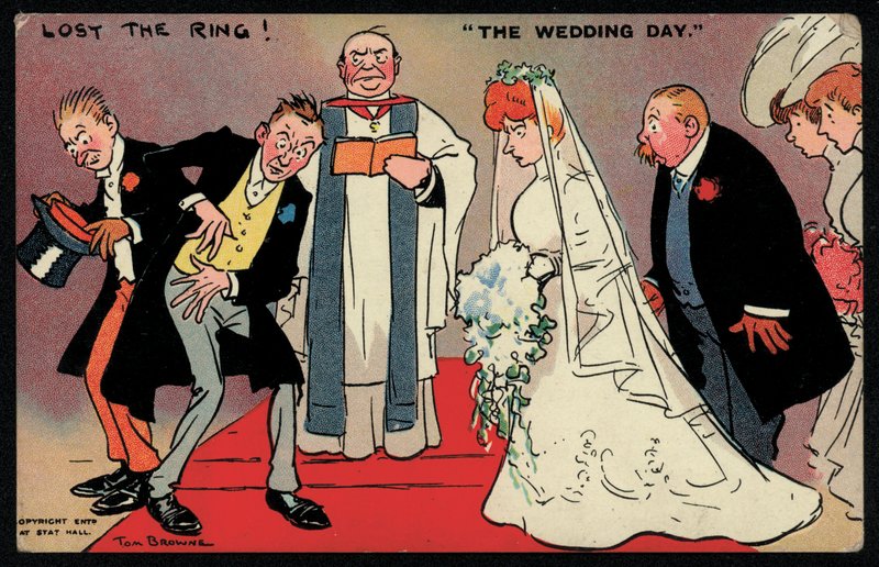 Noivo e padrinho incapaz de encontrar o anel num casamento (chromolitho) de Tom Browne