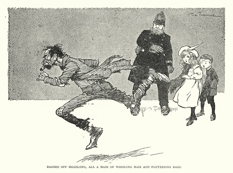 De cabeça desfeita, toda uma massa de cabelos ondulados e farrapos agitados (litho) de Tom Browne