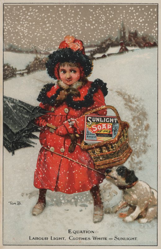 Rapariga a caminhar para casa na neve: anúncio de sabonete Sunlight (chromolitho) de Tom Browne