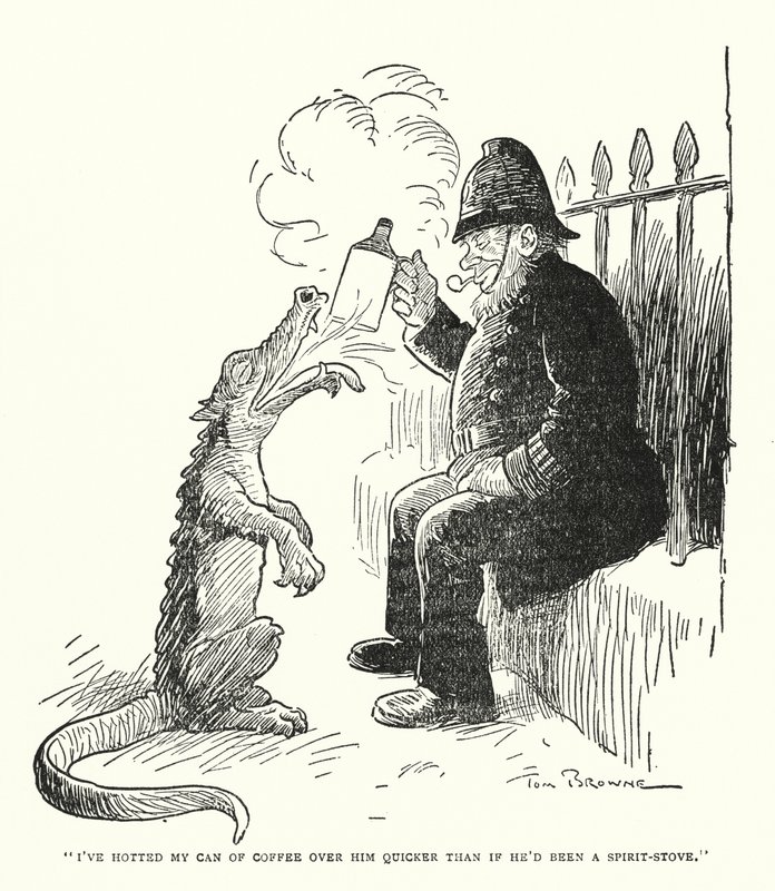 "Aqueci a minha lata de café por cima dele mais depressa do que se ele tivesse sido um espírito-pesado" (litho) de Tom Browne