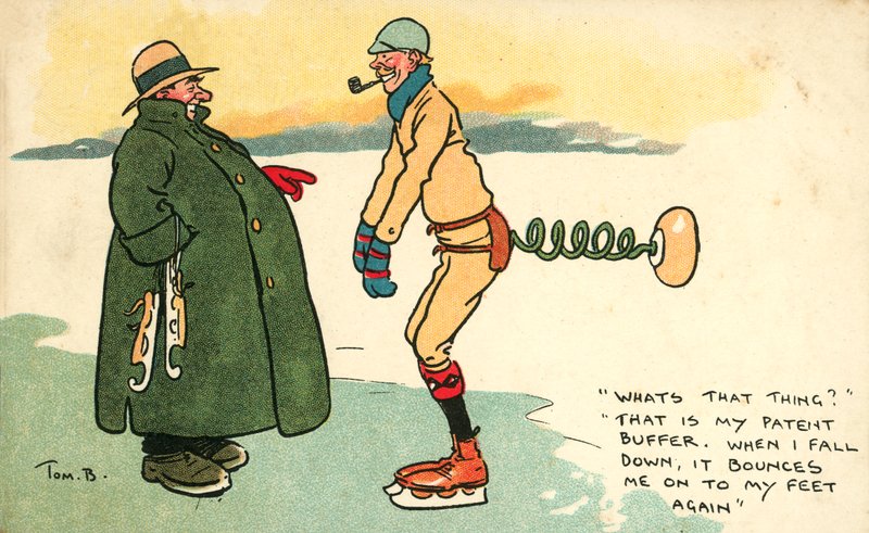 Homem com um dispositivo para o devolver aos pés se ele cair quando patinar no gelo (cor litho) de Tom Browne