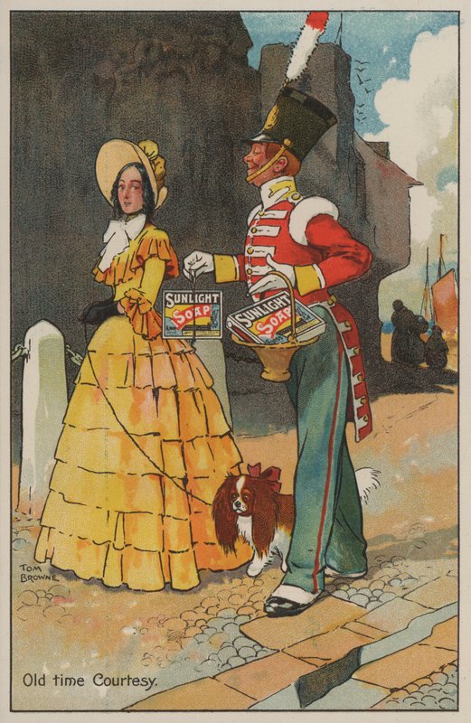 Soldado e mulher em vestido georgiano: anúncio para sabonete Sunlight (cor litho) de Tom Browne