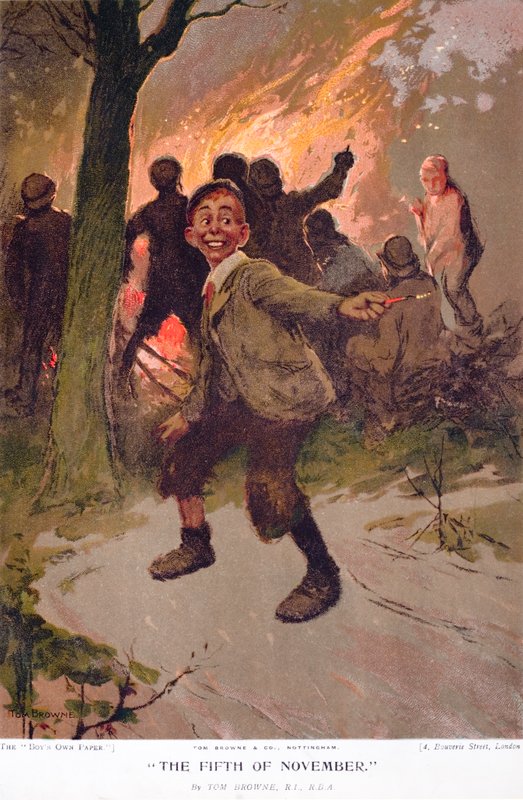 O 5 de Novembro, rapaz entusiasmado na Noite da Fogueira (cor litho) de Tom Browne