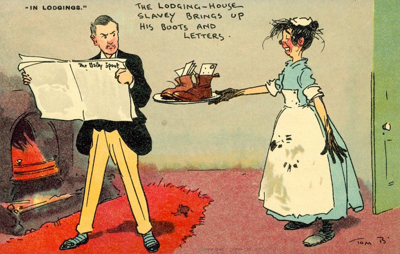 O escravo do Lodging House traz suas botas e cartas (chromolitho) de Tom Browne