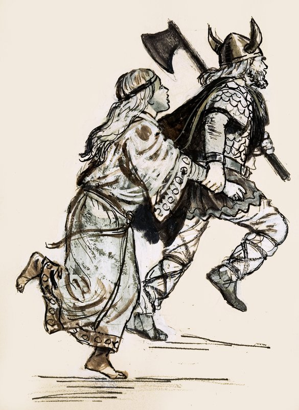 Mulher a ser arrastada por um raider Viking (guache no papel) de Unbekannt