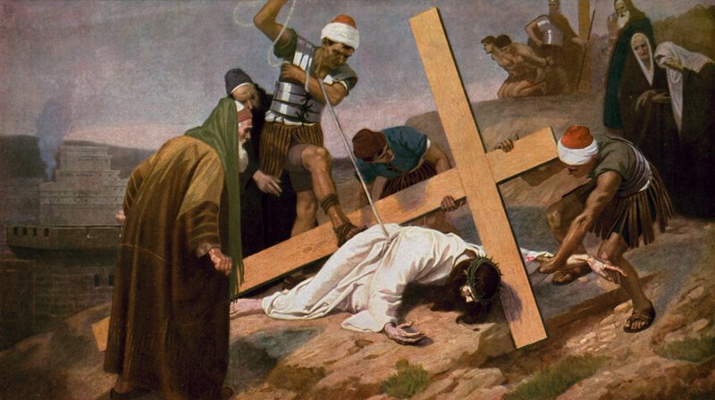 Jesus cai pela terceira vez enquanto carrega sua cruz de Unbekannt Unbekannt