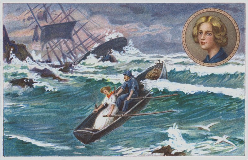 Grace Darling rema com o seu pai para salvar os sobreviventes do navio naufragado, o "Forfarshire", em 1838. (cromolitografia) de Unknown artist