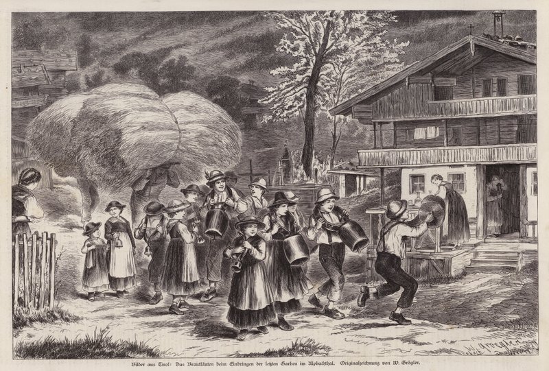 Toque tradicional de sinos de vaca para celebrar a entrada das últimas colheitas no Alpbachtal, Tirol, Áustria (gravura) de Unknown artist
