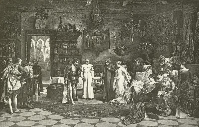 Petrarca e Laura introduzidas pelo imperador em Avignon (gravura) de Vaclav Brozik