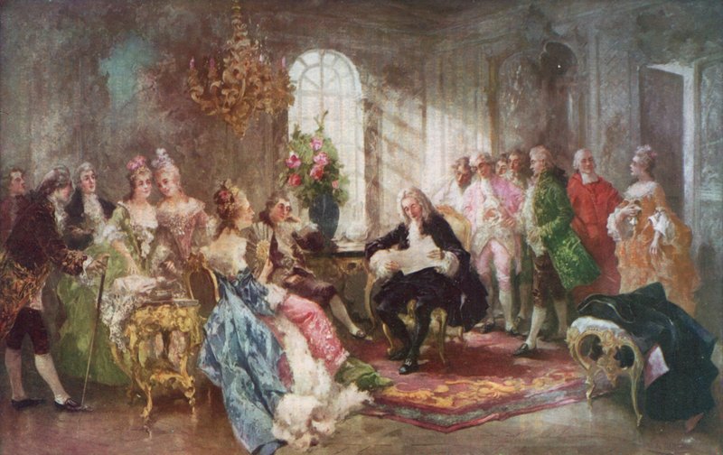 Voltaire lendo sua tragédia Semiramis ao rei Estanislau da Polônia de Vicente de Paredes