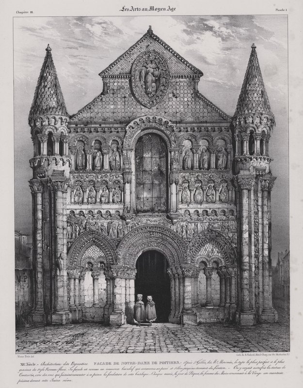 Fachada românica da Igreja de Notre Dame la Grande, Poitiers, França (Litho) de Victor Jean Baptiste (after) Petit