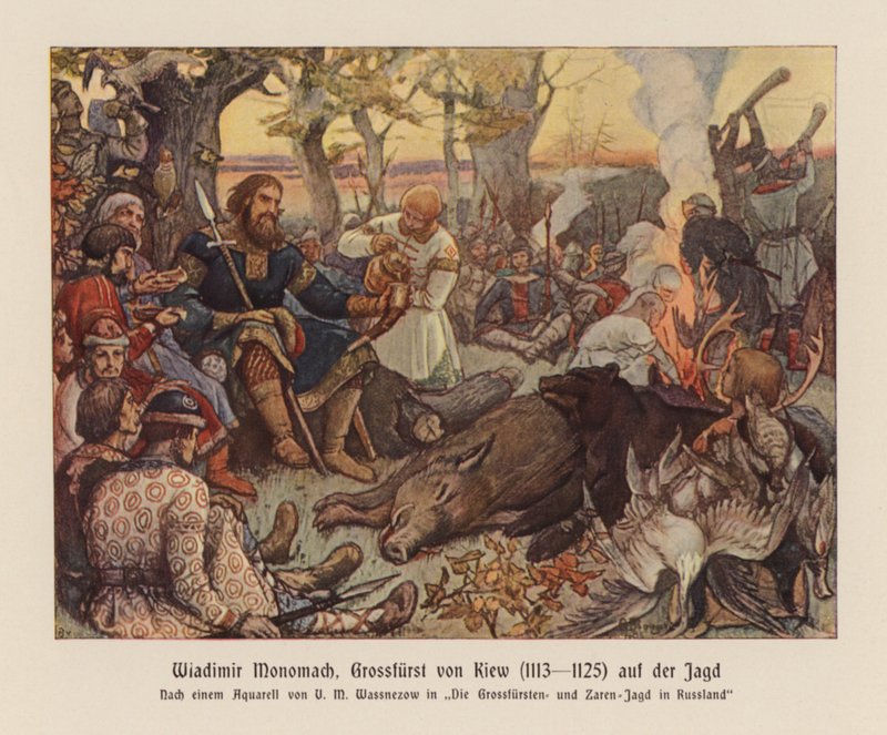 Vladimir II Monomakh, grão-príncipe da Rus de Kiev, numa caçada (litografia a cores) de Victor Mikhailovich (after) Vasnetsov