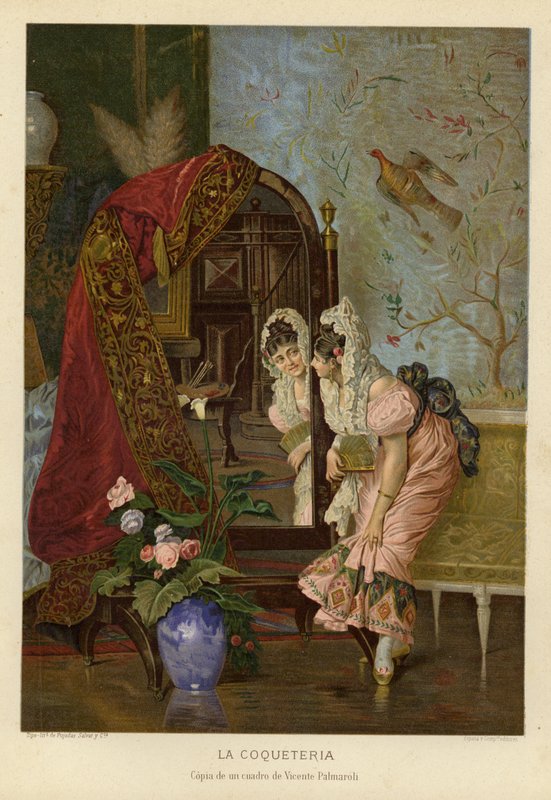 Coqueteria (cromolitho) de Vincente Gonzalez Palmaroli