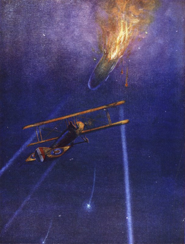 O tenente William Leefe Robinson ataca um dirigível inimigo e o incendeia em Cuffley, Hertfordshire, em setembro de 1916 de W. Avis