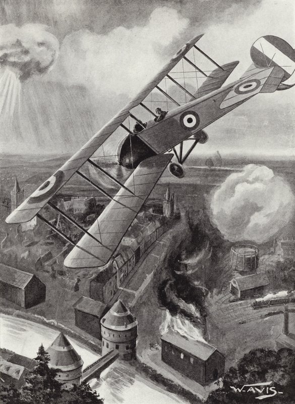 Segundo tenente LA Strange bombardeio do entroncamento ferroviário em Courtrai, Bélgica, Primeira Guerra Mundial de W. Avis
