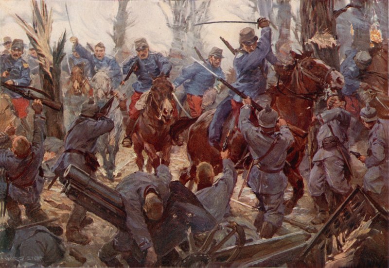 Uma carga de cavalaria ligeira francesa em Lassigny (cor litho) de W.R.S. (after) Stott