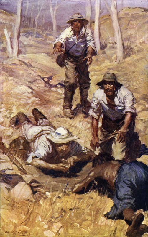 Capitão Grey e o seu grupo encontram água (cor litho) de W.R.S. (after) Stott