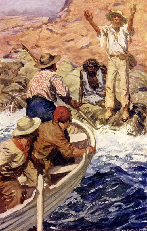 Edward Eyre resgatado por baleeiros franceses (lito colorido) de W.R.S. (after) Stott