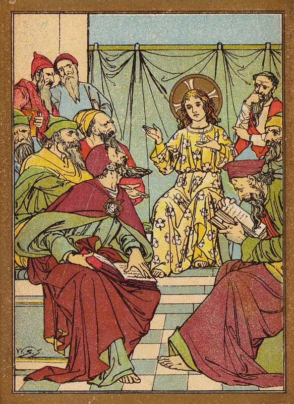 Jesus no Templo a interrogar os doutores (litografia a cores) de W.S. Stacey