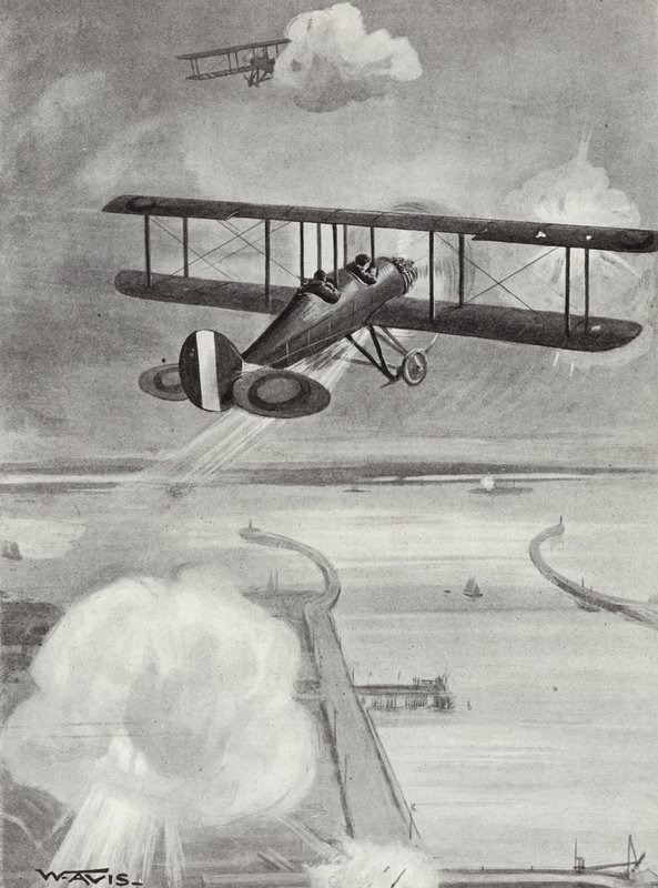 O Líder de Esquadrão Richard Davies e o Tenente de Voo Richard Peirse lançando bombas na estação submarina de Zeebrugge sob fogo pesado, 23 de janeiro de 1915 de W. Avis