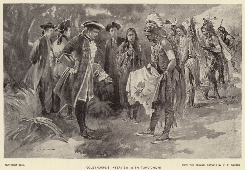 Entrevista de Oglethorpe com Tomo-chichi (litho) de W. P. Snyder
