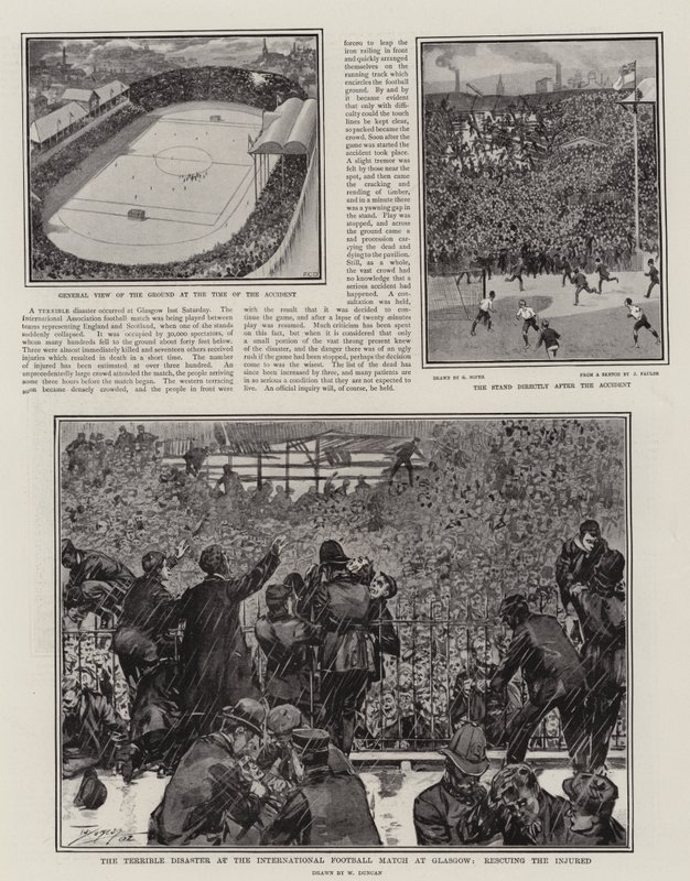 O desastre terrível no International Football Match em Glasgow, resgatando o ferido de Walter Duncan
