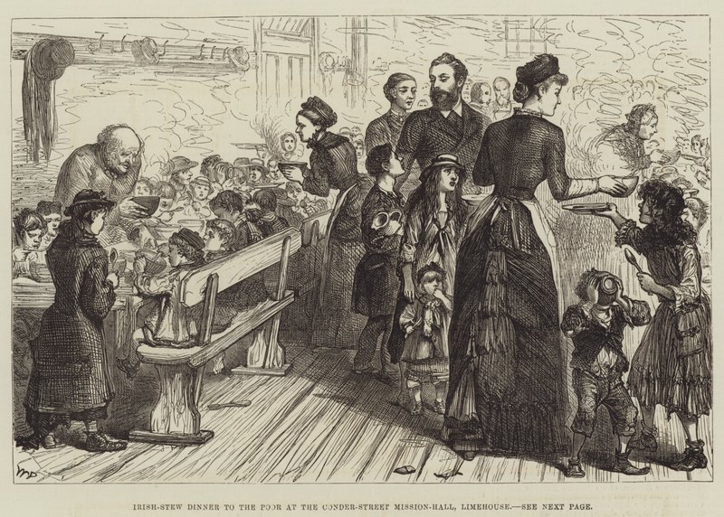 Jantar irlandês para os pobres na Conder-Street Mission-Hall, Limehouse de Walter Paget
