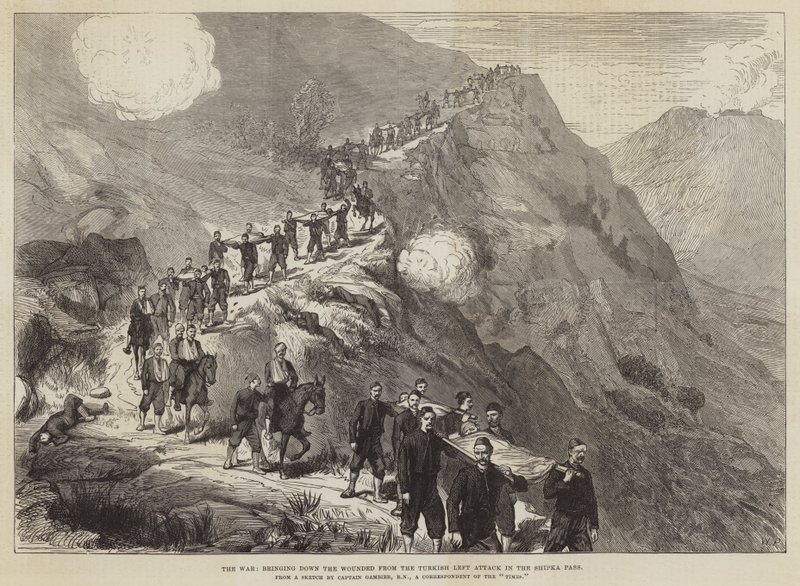A guerra, derrubando os feridos do ataque turco à esquerda no Shipka Pass de Walter Paget