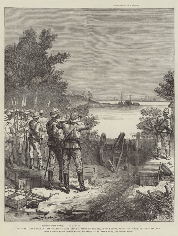A guerra no Sudão, Sir Charles Wilson e seu partido na ilha de Meruat, após o naufrágio de seu vapor de Walter Paget