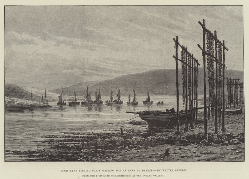 Barcos de pesca de Loch Fyne que esperam uma brisa da noite de Walter Severn