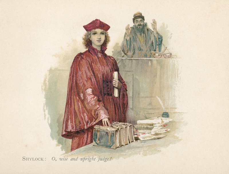 Portia e Shylock em O Mercador de Veneza (cromolito) de Walter Stanley Paget