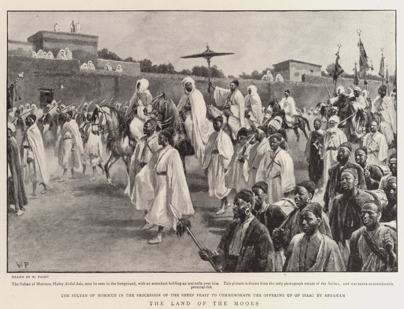 A terra dos mouros, o sultão de Marrocos na procissão da festa de ovelhas para comemorar a oferenda de Isaac por Abraão de Walter Stanley Paget
