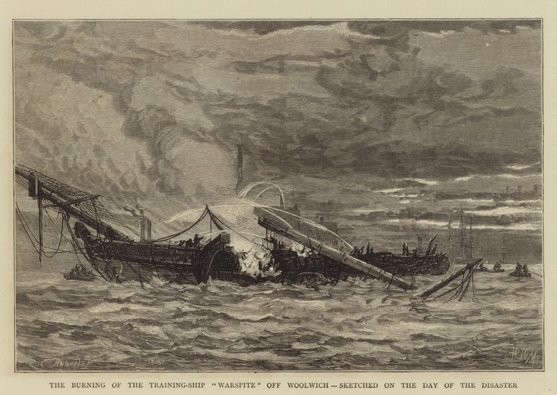 A Queima da Guerra do Navio-Treinamento em Woolwich, esboçada no Dia do Desastre de Walter William May
