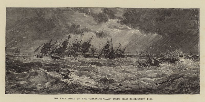 A tempestade atrasada na costa de Yorkshire, cena do cais de Bridlington de Walter William May