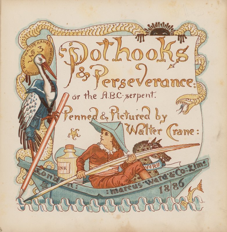 Ilustração para "Pothooks and Perseverance" de Walter Crane (litografia a cores) de Walter (after) Crane