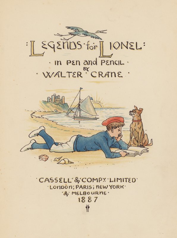 Ilustração da página de rosto de "Legends for Lionel" de Walter Crane (litografia a cores) de Walter (after) Crane