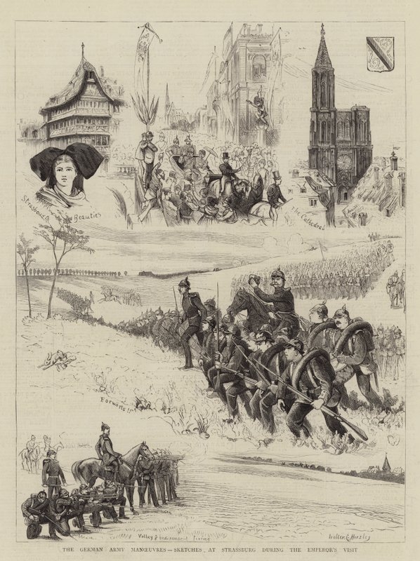As manobras do exército alemão, esboços em Strassburg durante a visita do imperador de Walter Charles Horsley